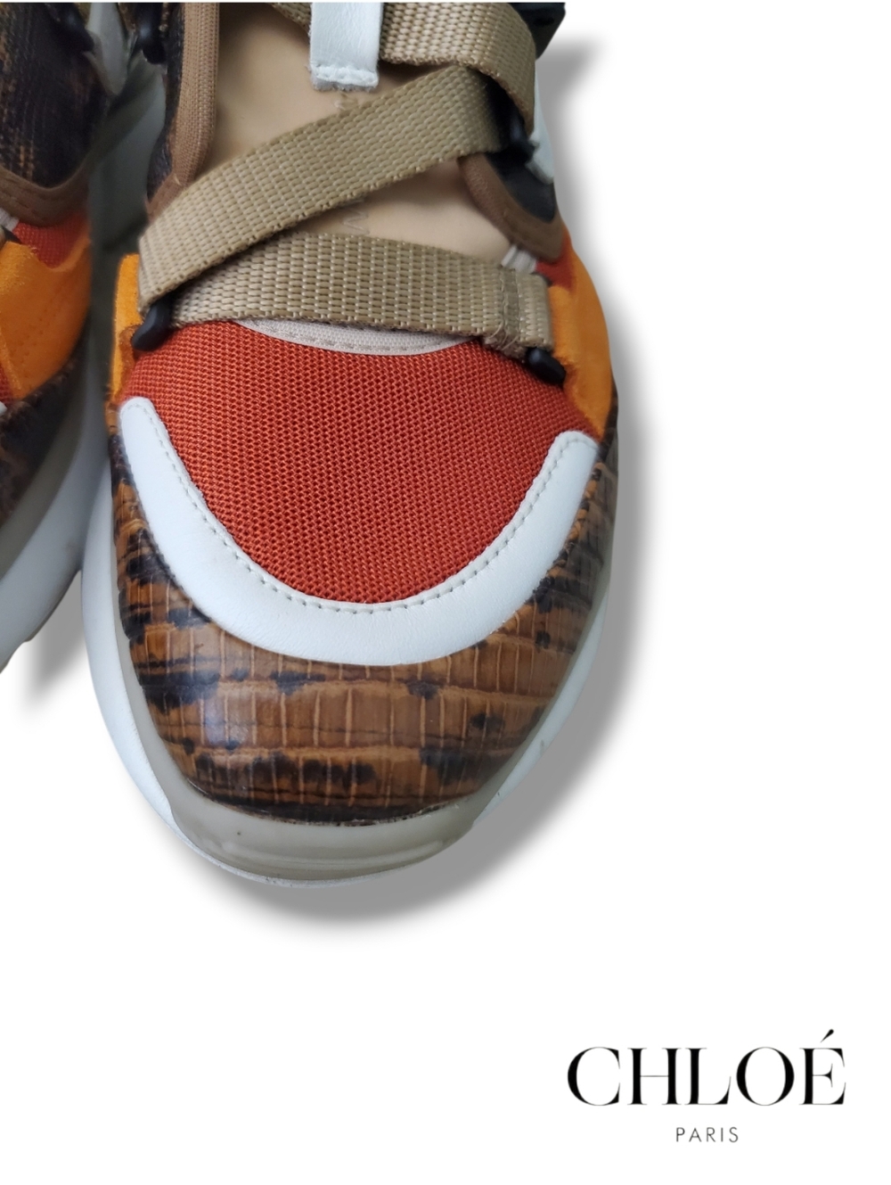 Chloe Sonnie Snake Trainer In Brown Python Leather, Orange Suede & Red Mesh Sz41 - Picture 7 of 13